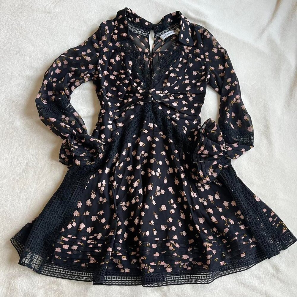 Self-Portrait Black Twist Front V-Neck Ditsy Floral Mini Swing Skirt Dress